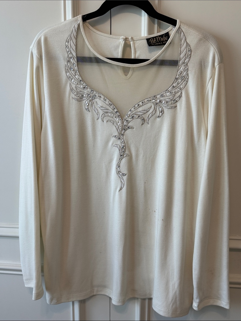Bob Mackie Ivory Long-Sleeve Top with Crystal Embellishment